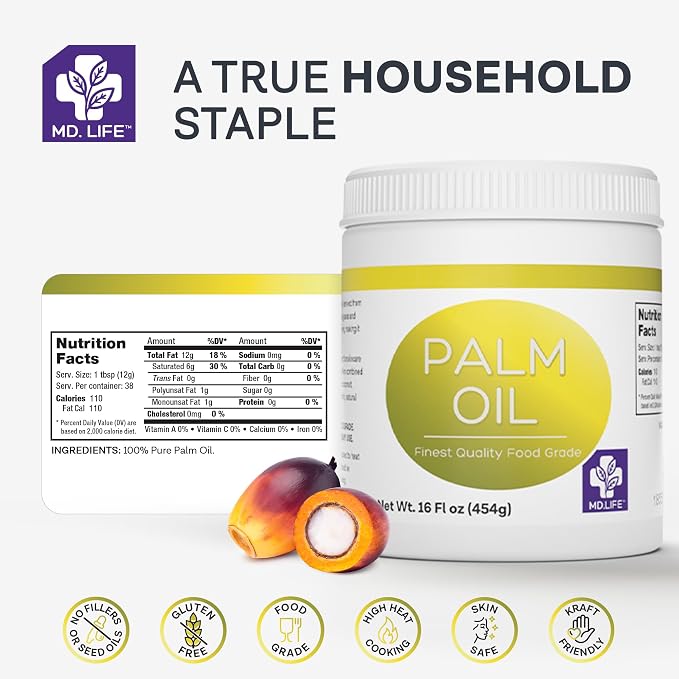 MD.LIFE PALM OIL - 32oz - Sustainable Food Grade Palm Oil for Cooking - Cold Pressed - Fatty Acids & Beta Carotene - Great for Soap Making Supplies, Cooking Oil, Creams and Lotions