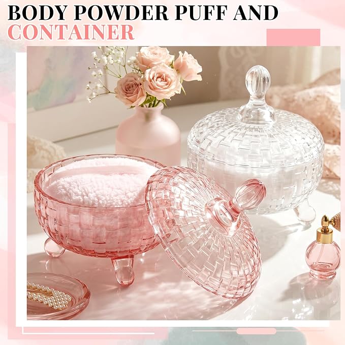 Tioncy 2 Set Extra Large Body Powder Puff and Container, 6'' Washable Vintage Decorative Crystal Powder & Container Gift for Bathroom Counter & Feminine Vanity Decor(Weave Design,Pink and Clear)