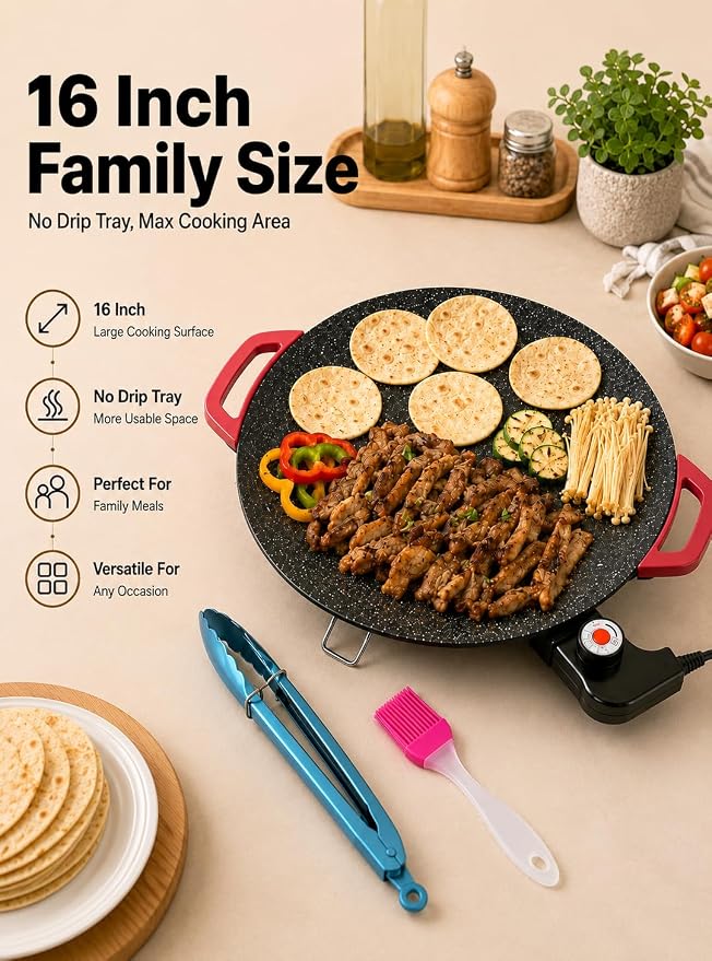 Round Electric Griddle, 1500W Smokeless Nonstick Indoor BBQ,The 16-inch round flat electric griddle easily cooks morning tortillas or Korean BBQ for the whole family.(16 inches)