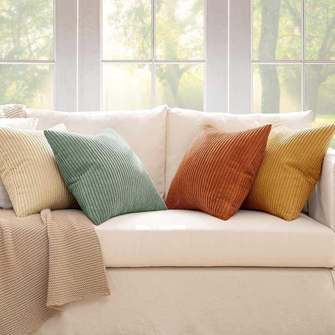 MIULEE Soft Corduroy Decorative Throw Pillow Covers Orange Teal 24x24 | Set of 4, Mordern Rustic Home Decor, Retro Vintage Set, Boho Farmhouse Cushion Covers for Couch Bed Sofa Living Room