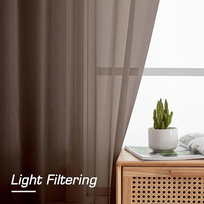 OWENIE Sheer Curtains 63 inch Length 2 Panels Set, Rod Pocket Voile Fimly Sheer Drapes for Living Room/Bedroom, 2pcs, Each 42" W x 63" L, Chocolate