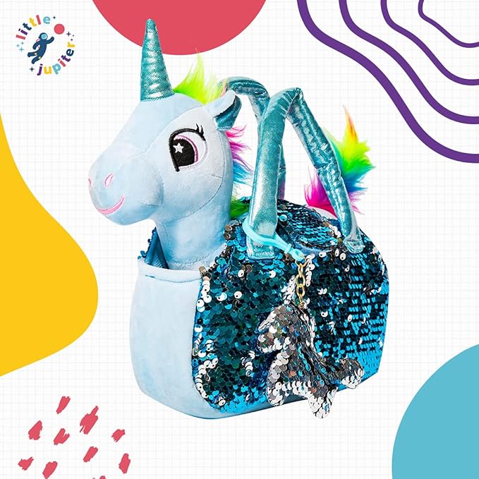Little Jupiter Plush Pet Set - Unicorn Toys - Unicorns Gifts for Girls - Stuffed Animal for Kids - Plush Toy - w/Reversible Sequins & Charm Age 4-7 (Light Blue Unicorn)