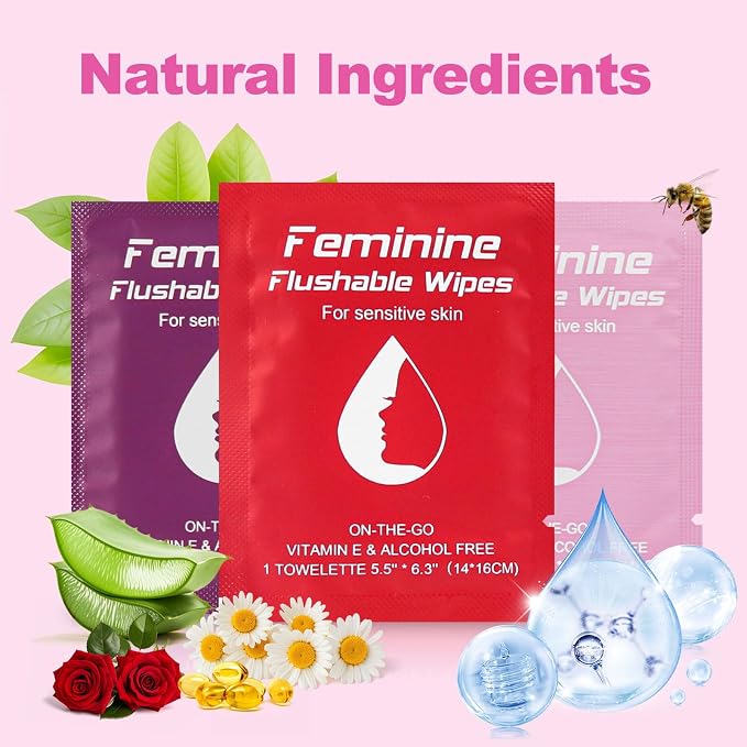 twoworld 60 Feminine Wipes Flushable Travel Individually Wrapped | Travel Wipes for Women,Feminine Care Wet Wipes Travel Size Vaginal Wipes for Adult,Girl and Homeless(Chamomile,Rose,Unscent)