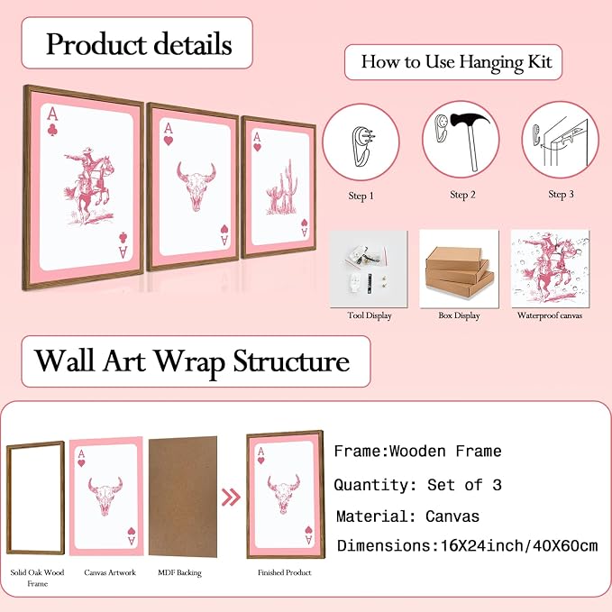 Set of 3 Western Cowgirl Wall Art Pink Bull Skull Wall Decor Painting Southwestern Playing Card Poster Canvas Prints Picture for Bedroom Living Room Wood Framed 16x24 inch