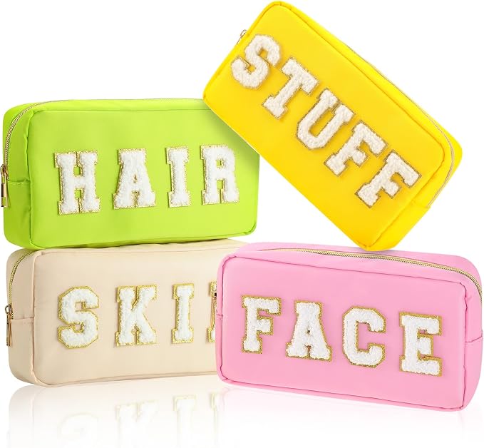 Preppy Makeup Bags Chenille Letter Stuff Bag Nylon Cosmetic Pouch Cases with Zipper for Women Travel Toiletry(Vibrant Color,Classic,4 Pcs)
