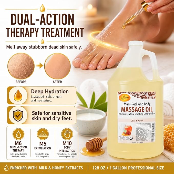 SPA REDI Milk & Honey Massage Oil – Silicone-Free, Paraben-Free & Sulfate-Free | Almond, Avocado, Sunflower & Vitamin E Blend | Sensitive Skin & Dry Feet | Professional Salon & At-Home Use | 128 oz