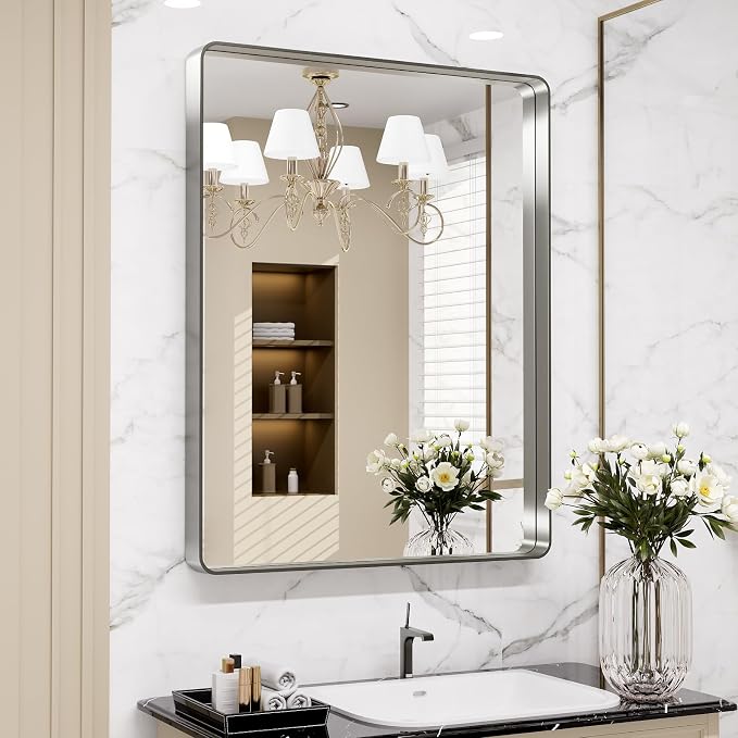 LOAAO 30X36 Inch Brushed Nickel Bathroom Mirror, Rounded Rectangle Silver Metal Frame Mirror, Brushed Nickel, Anti-Rust, Shatter Proof, Hangs Horizontally or Vertically | Rounded Rectangle, Silver Metal Frame, Anti-Rust, Tempered Glass, Hangs Horizonta...