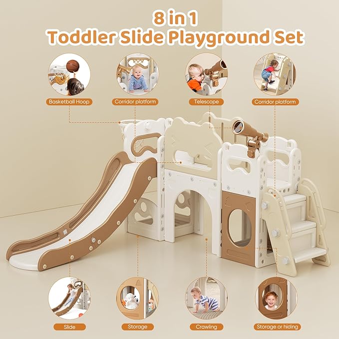 Toddler Slide Indoor, 8 in 1 Indoor Playground for Kids 1-3 Toddler Playset with Climber, Basketball Hoop, Tunnel and Storage Space Kids Outdoor Slide Playset (Coffee)