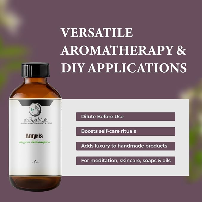 Amyris Essential Oil – 100% Natural Steam-Distilled Amyris Balsamifera Oil from Haiti – Warm Woody Balsamic Aroma for Diffusers, Candles, Perfumes, Massage Blends, Skincare & Aromatherapy – 4 fl oz