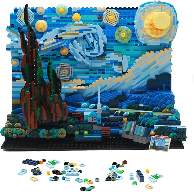 DIY Building Block Set(1830 PCS),The Starry Night Building Set for Children and Adults,Vincent Van Gogh Idea Building Kit,Educational Assemble 3D Scenario MOC Stacking Blocks