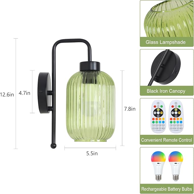 Black Wireless Sconces Set of 2 with Green Stripe Glass Shade, Battery Operated Wall Sconces with Remote and Dimmable Bulb, Vintage Rechargeable Cordless Wall Lights For Bedside Living Room Bathroom