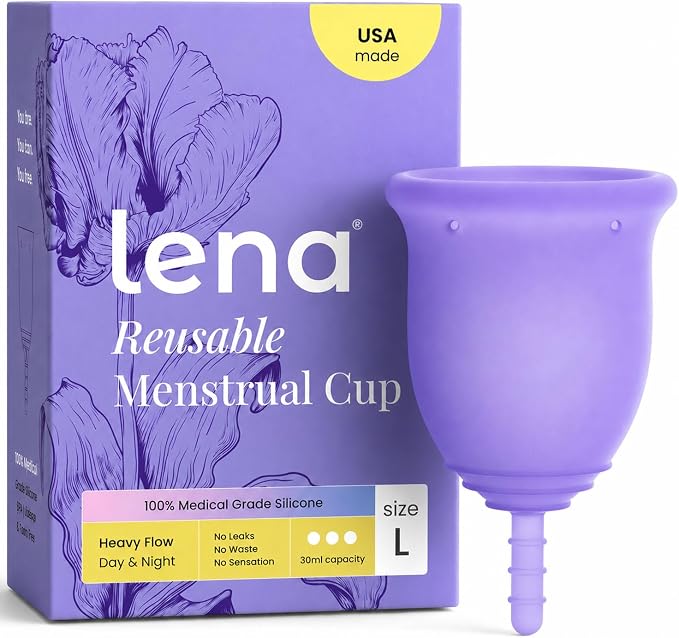 Lena Menstrual Cup Original - Soft Reusable Medical-Grade Silicone Period Cups for Women Heavy Flow, Comfortable 12-Hour Leak-Free Protection, Beginner-Friendly Feminine Care - Large, Purple