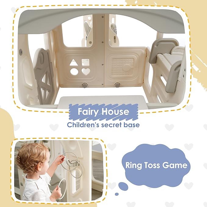 Miscoos 6-in-1 Kids Playground with Fairy House - Certified HDPE Toddler Slide and Swing Set, Adjustable, Safe Swing, Basketball Hoop, Game Table - Indoor/Outdoor Playset for Babies