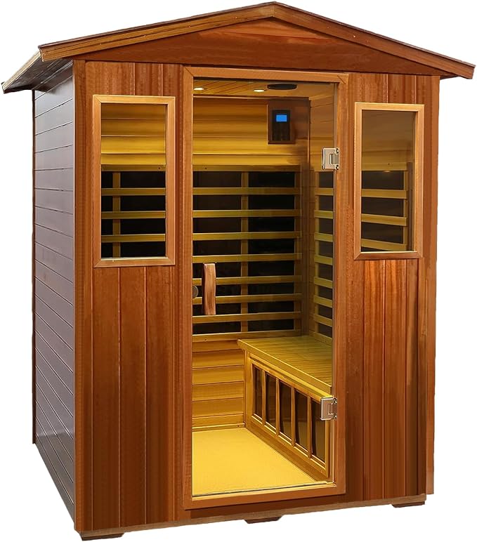 Kanlanth Outdoor Sauna 4 Person Low EMF Far Infrared Sauna for Home, 2050W Mahogany Wooden Sauna Room for Outdoor Indoor Home, with Blue-Tooth, LCD, LED