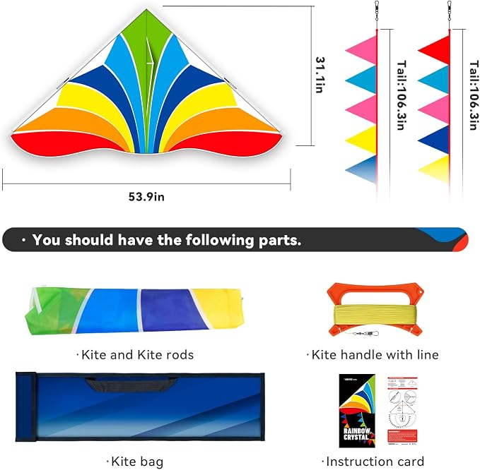 Delta Kite Set for Kids and Adults,Extremely Easy to Launch for Beginners, Perfect for Beaches and Parks,ites for Beach Trip Park Family Outdoor Games and Activities (Rainbow Crystal, 1)