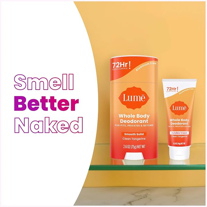 Lume Whole Body Deodorant - Invisible Cream Tube Mini + Solid Stick Bundle - 72 Hour Odor Control - Aluminum & Baking Soda Free, Skin Loving (Clean Tangerine)