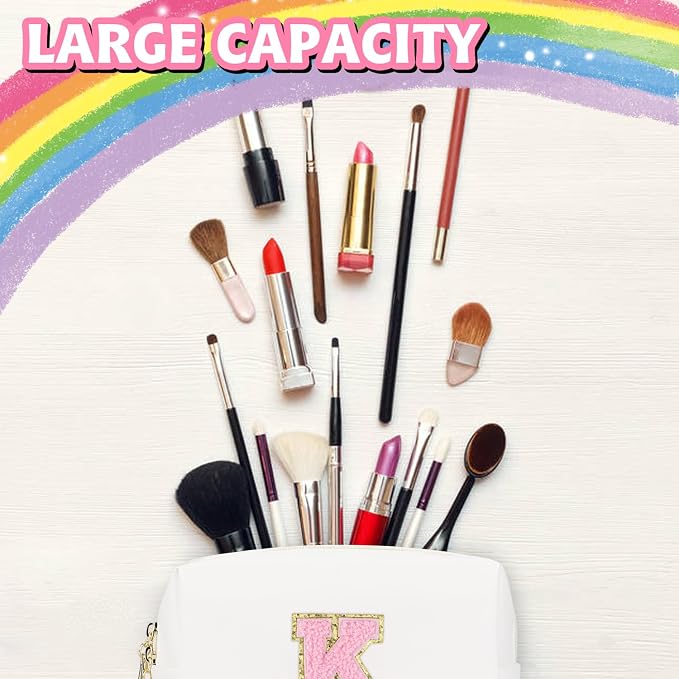 Initial Makeup Bag, Personalized Preppy Letter Monogram Cosmetic Bag | Waterproof PU Material, Compact Size, Large Capacity 7.09 x 2.95 x 3.94 in, Surprise Gift for Daughters and Teens