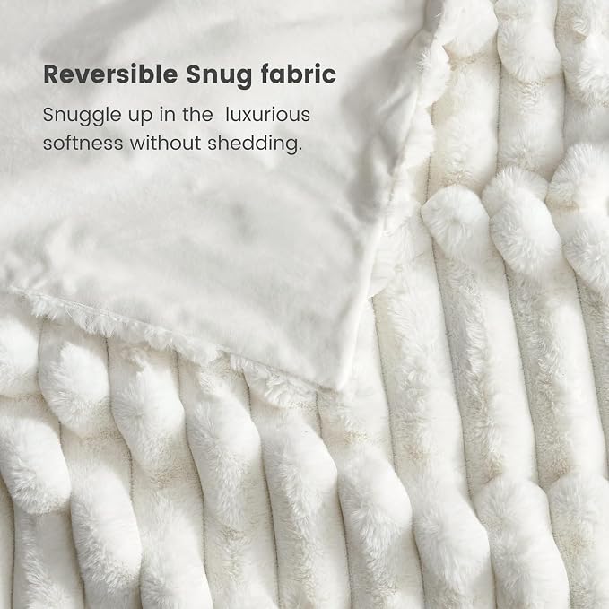Cozy Bliss Faux Fur Throw Blanket for Couch, Cozy Warm Plush Striped Blanket for Sofa Bedroom Living Room, 50 * 60 Inches Cream White