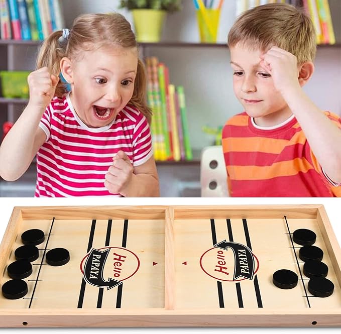 HELLO PAPAYA Fast Sling Puck Game - Test Your Speed and Accuracy with This Fast-Paced Wooden Air Hockey Desktop Battle Board Game - Guaranteed Fun Gifts for Family Night or Friends Party