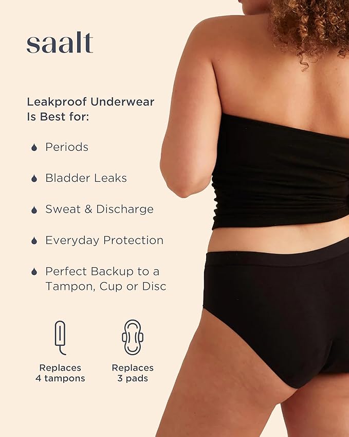 Saalt EveryWear Cotton Brief - Leakproof Period Underwear - Mid-Rise, Full Coverage Womens Underwear - Reusable & Washable - Replaces 3 Pads or 4 Tampons - X-Small, Volcanic Black