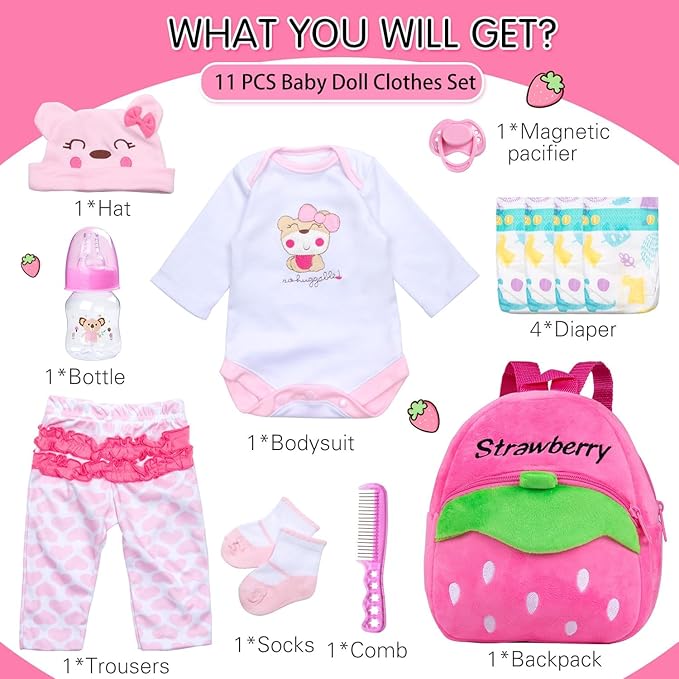 Reborn Baby Dolls Clothes Pink Bear Outfit Accessories 12 Pcs Set for 17-22 Inch Reborn Dolls Newborn Baby Girl with Strawberry Backpack&Feeding Set