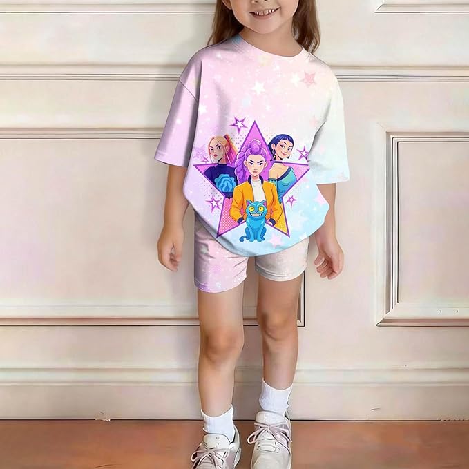 K-POP DEM0N Hunters Outfits for Girls, 2 Piece T-Shirts and Apparel Sets Birthday Gift