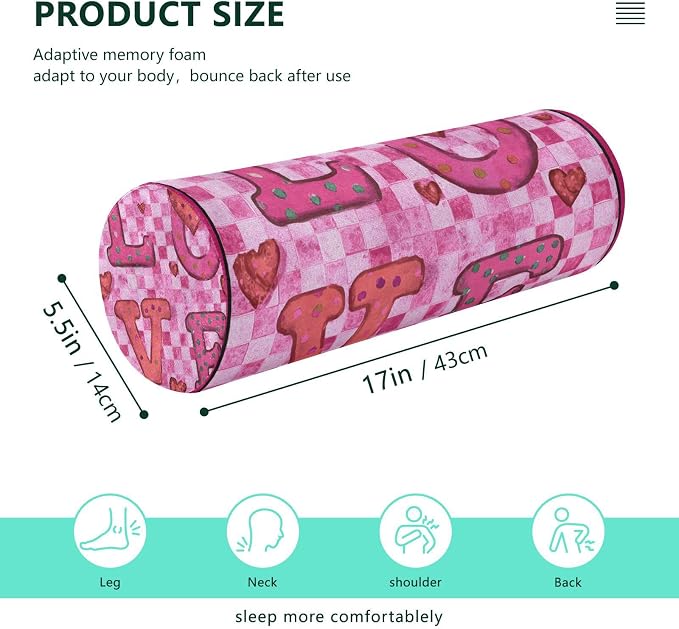 Pink Checkered Valentine Love Hearts Neck Roll Pillow Bolster Round Health Memory Foam Long Cervical Cylinder Pillows with Removable Washable Cover for Body Bed Legs Back Yoga