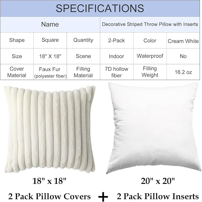 Decorative Throw Pillow with Inserts, Set of 2 Soft Faux Fur Throw Pillows, Square Boho Striped Pillow for Couch, Bed, Sofa Decor(Beige, 18" x 18")