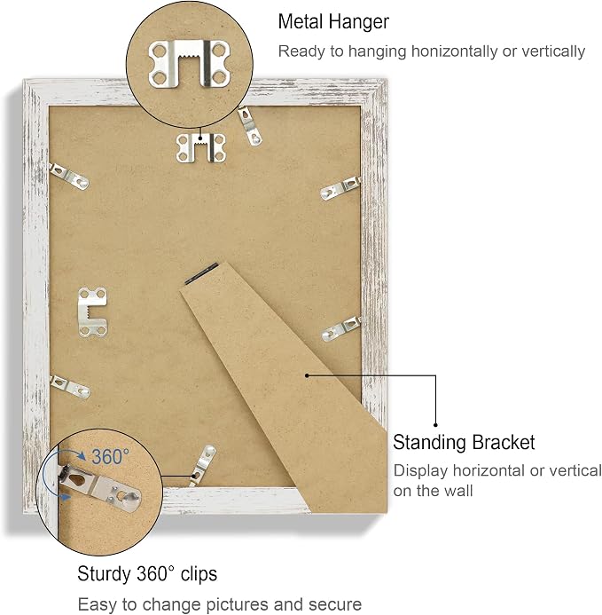 Hongkee 9x11 Picture Frame Set of 4, Made of Real Glass and Distressed White Frame - Display Picture 7x9 with Mat or 9x11 Without Mat, 9 by 11 Photo for Wall or Tabletop