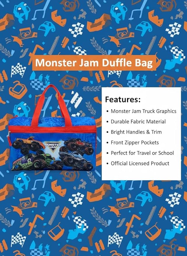 Monster Jam Kids’ Duffle Bag – Truck-Themed Travel Gym Bag with Adjustable Shoulder Strap, Mesh Side Pockets & Zipper Pocket