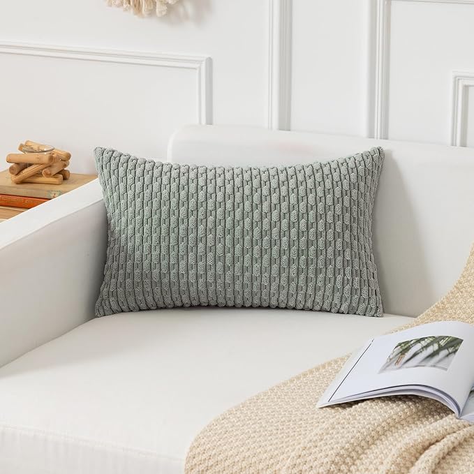 Kevin Textile Soft Corduroy 12"x24" Lumbar Pillow Cover 1 Pack, Grey Green | Boho Stripe Plush Corduroy Decorative Oblong Cushion Cover Modern Farmhouse Home Decor for Sofa Couch Bed Chair