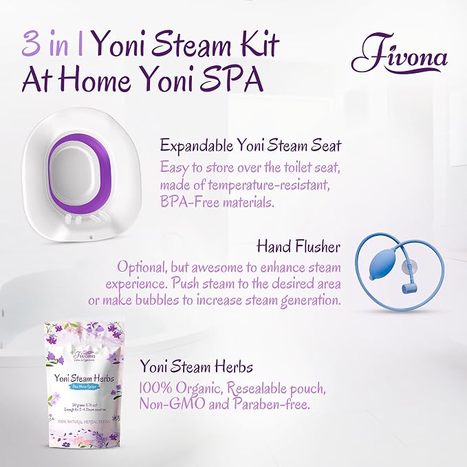 Fivona 3-in-1 Yoni Steam Kit - Bundle of V Steaming Herbs Blue Moon Recipe 1.76 Ounces (2-4 Steams) with Expandable V-Steam Seat and Hand Flusher for Detox, Cleansing, pH Balance and Odor Control