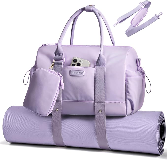 LOVEVOOK Small Gym Bag for Women with Yoga mat Holder, Mini Duffle Bag for Travel with Wet Pocket, Overnight Personal Item Bags (Purple, 14.5 inch-Small-2Pcs)