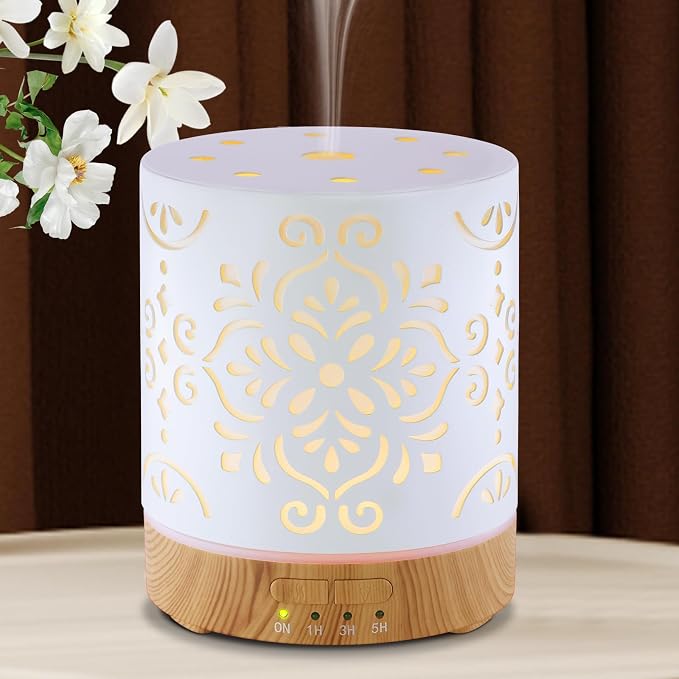 EQUSUPRO Essential Oil Diffuser 300ML Metal Aromatherapy Diffuser for Home with Auto Shut-Off & 4 Timers, Ultrasonic Humidifier with 7 Colors Lights for Large Room, Home Office Décor