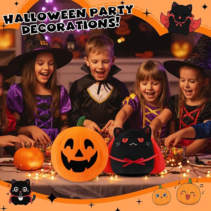 Halloween Pumpkin Plush Toy, Reversible Vampire Black Cat Stuffed Animal with Red Cloak, Cute Halloween Plushies Gift and Party Decoration for Boys Girls 10 Inch