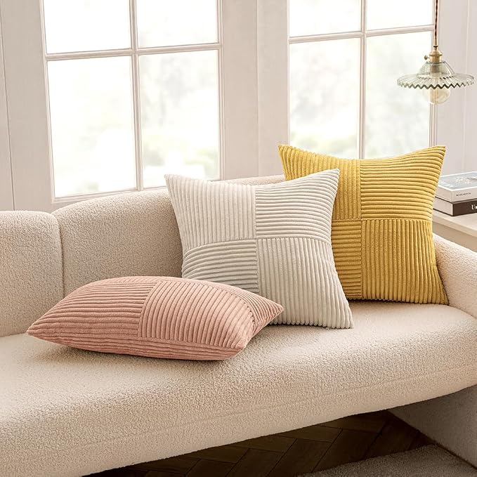 MIULEE Golden Mustard Decorative Throw Pillow Covers for Couch 18x18 Inch | 2 Pack, Boho Farmhouse Pillow Covers, Soft Cross Corduroy Patchwork Textured Cushion Cases For Bed Sofa