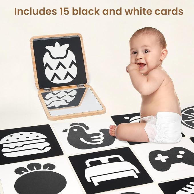 Woodtoe Tummy Time Mirror for Babies, 0-180° Adjustable Angle Floor Mirror, Baby Mirror with 15 Educational Cards, Shatterproof Baby Safe Mirror Toy, Montessori Gift for Boy Girl 0-6 Months