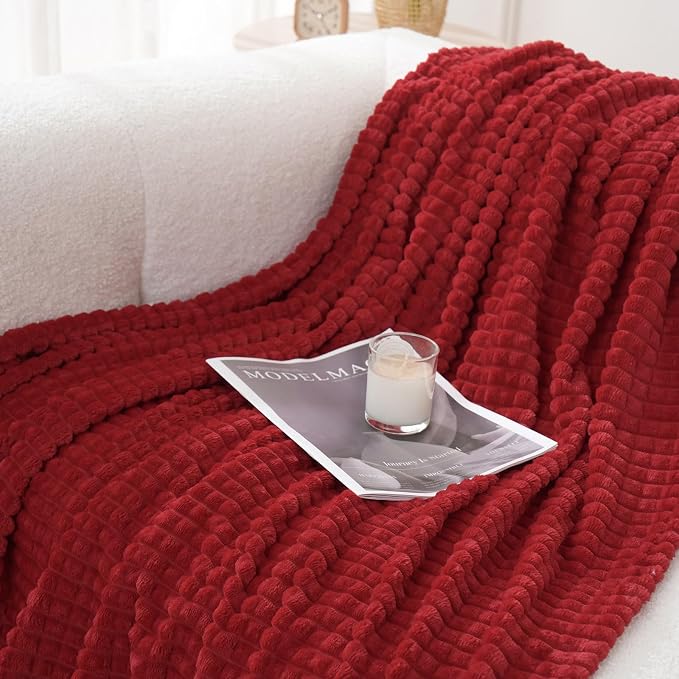 Puncuntex Fleece Throw Blanket Red 50"×60" with Square Grid Design | Super Soft Plush Cozy Flannel Throw Blanket Luxury for Couch Sofa Chair