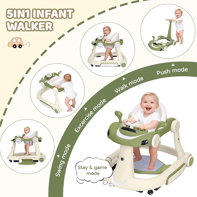 Baby Walker, 4-in-1 Baby Walker with Wheels Portable, Foldable Infant Toddler Walker for Boys Girls 6-18 Month (Bean Green)