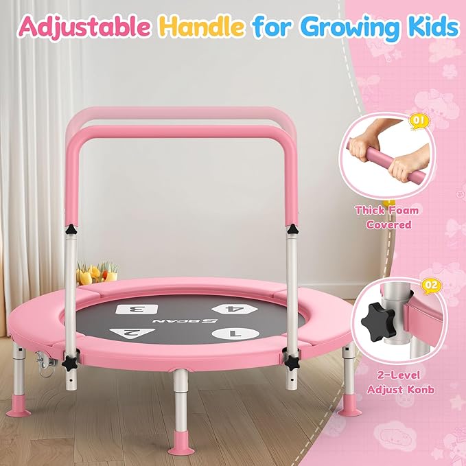 BCAN BT1 36'' Toddler Trampoline, ASTM Certified-Foldable Mini Trampolines for Kids Ages 1-6, Adjustable Handle, Safety Pad & Foldable Legs, Baby Trampoline Indoor/Garden, Gift for Boy and Girl