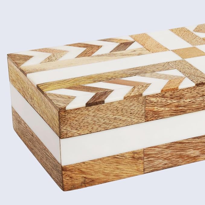 Handicrafts Home White Decorative Storage Box with Lid Wooden Coffee Table Storage Box Decorative Box Organizer for Living Room Home Decor – Resin Inlay Patisserie Adorn Collection- 10x4.5x2.5