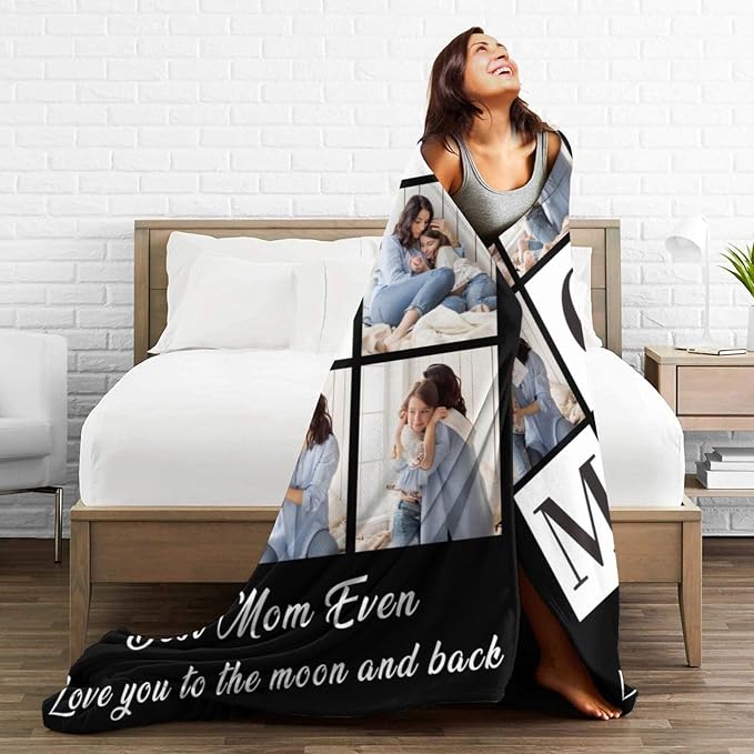 Custom Mom Blanket with 6 Photo & Text, Personalized Birthday Blanket with Picture for Mother, HD Printing Customized Flannel Throw Blanket Gifts for Best Mom Ever