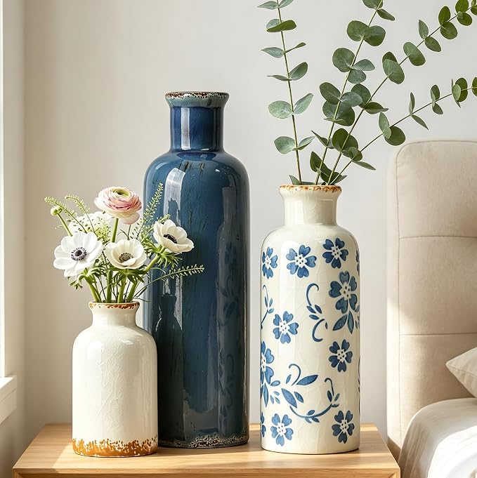 Ceramic Vases Set of 3, Blue and White Vintage Flower Vase Waterproof | Farmhouse Rustic Vase for Pampas Grass & Dried Flowers, Flower Vase for Table Living Room Home