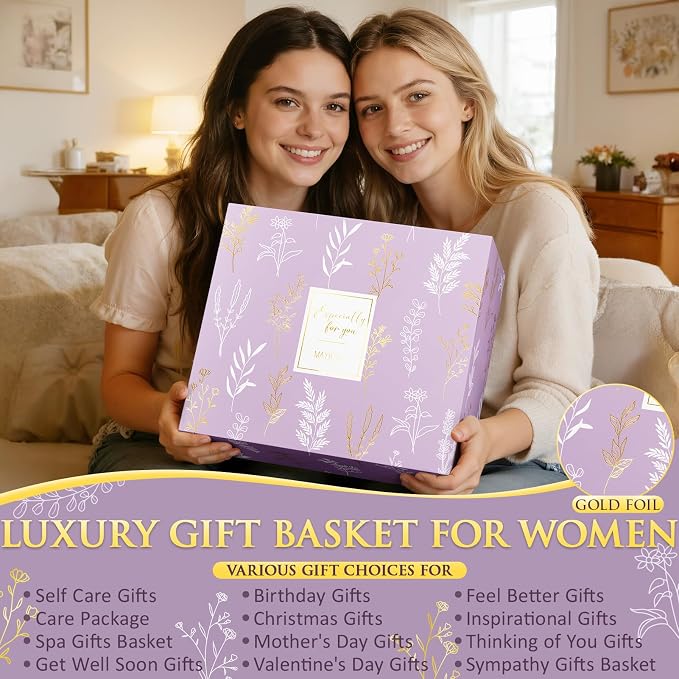 Birthday Gifts for Women, Spa Self Care Package Get Well Soon Gift Baskets | Sympathy Gift Set w/ Crochet Flower Bouquet, Christmas Thinking of You Gifts Basket for Women Mom Her Best Friend Sister Wife