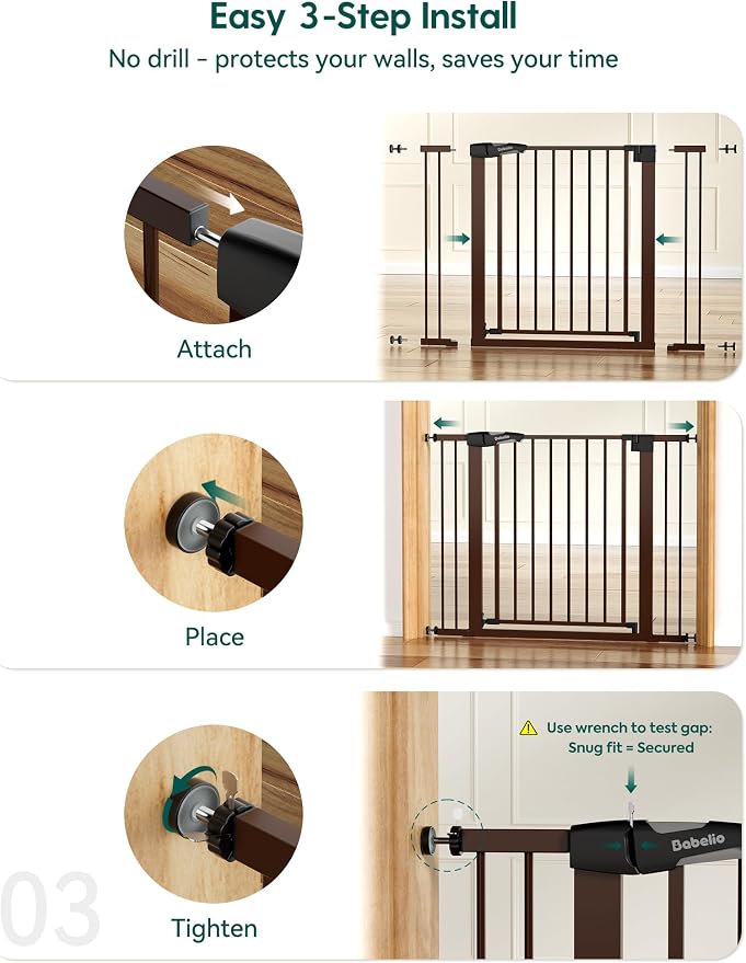 Babelio 29-55" Extra Wide Baby Gate for Stairs & Doorways, Metal Auto Close Pressure Mounted Child & Pet Safety Gate, Easy Install NO Need Tools and Drilling for Indoor Use, Brown