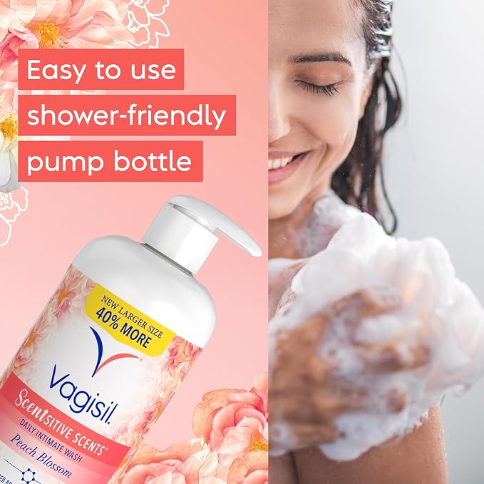 Vagisil Feminine Wash for Intimate Area Hygiene, Scentsitive Scents, pH Balanced and Gynecologist Tested, Peach Blossom, 16.9 oz with Pump
