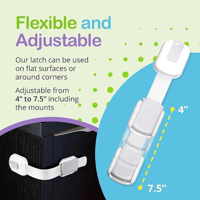 Adjustable & Reusable Child Safety Cabinet Locks & Latches, Baby Proofing Door Window, Cabinet, Toilet, & Refrigerator Lock, Child Safety Strap Locks with Adhesive Pads, Pack of 6, Silver - Wonderkid