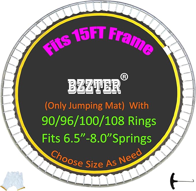 Trampoline Replacement Mat,Fits 15ft Round Frame with 90/96/100/108 Rings,Fits 5.3-8.5" Springs,Longer Lasting with 10 Rows of Stitches,w/Pull Hook and Gloves,（13ft-13.4ft Trampoline Mat