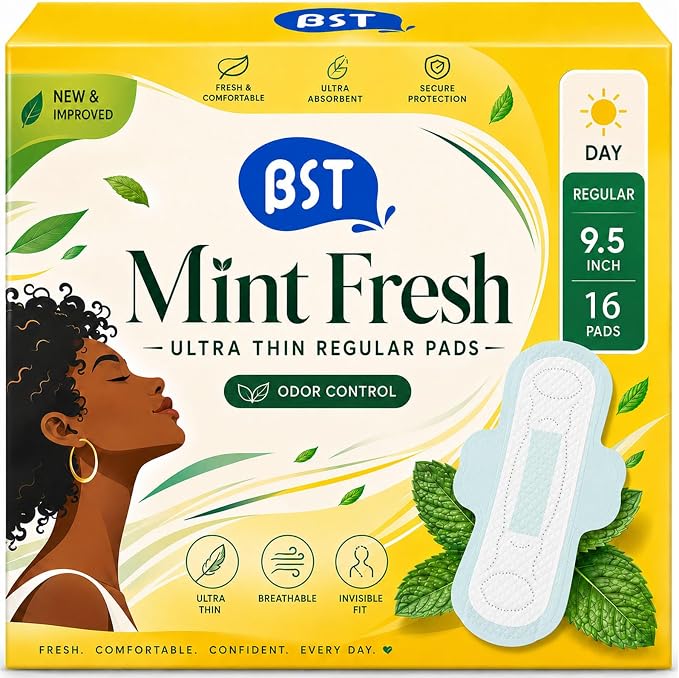 BST Mint Fresh Pads for Women, Breathable Thin Sanitary Napkins with Wings, Odor Control, Moderate Absorbency, Feminine Care, Active Lifestyle Use（Regular, 16 Count, Packaging May Vary