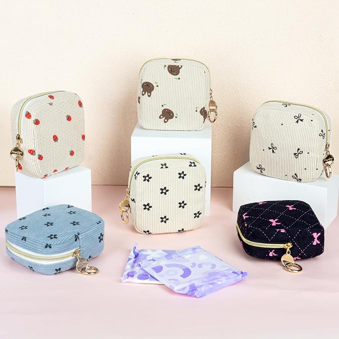 Period Bag for Teen Girls, Corduroy Sanitary Napkin Storage Bag, Menstrual Pad Pouches Tampon Holder for Purse (Bunny)
